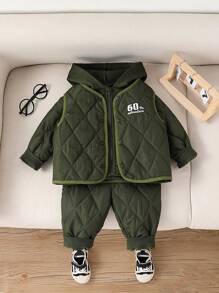 SHEIN 3pcs Baby Boy Army Green Winter Casual Vacation Set,Thickened Letter Embroidered Vest,Hooded Zipper Sports Jacket&Drawstring Pants,Playing In Snow - Dark Green - View 7