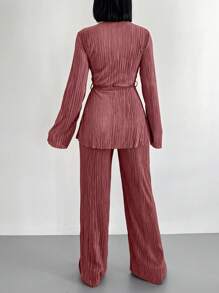 EURMUSE Bộ 2 món/Bộ đồ ngủ đơn giản cho nữ, áo dài tay buộc dây phía trước và quần dài - Bụi hồng - Xem 2