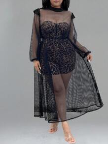 Allurite Robe en maille transparente sexy grande taille + ensemble 2 pièces hauts court bandeau imprimé léopard et short