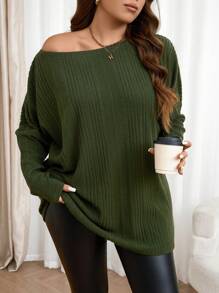 SHEIN LUNE Plus Size Solid Color Ribbed Loose T-Shirt, Casual & Simple, Autumn Plus Size Fall Clothes