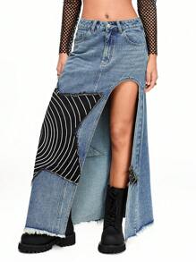 ROMWE Grunge Punk Falda vaquera larga y estrecha para mujer con un corte alto y una aplicación en espiral de estrella con estilo grunge y misterioso