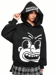 ROMWE 休闲街头趣味图案印花宽松套头连帽运动衫 - 黑色 - 查看 6