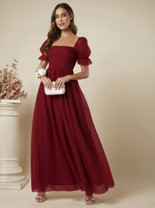 SHEIN Belle Solid Color Short Sleeve Pleated Simple Long Bridesmaid Dress For Adult, Elegant Dress