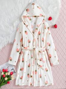 SHEIN Explorewe 青少年女孩休闲草莓印花长袖连帽毛绒睡袍家居服 - 彩色 - 查看 5