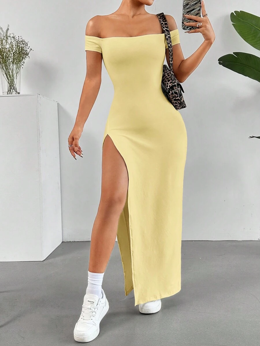 SHEIN EZwear Women's Solid Color Off-Shoulder Split Simple Long Casual Dress, For Daily Wear - Yellow - View 1