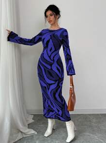 Elenzga Women Casual Colorblock Flare Sleeve Sweater Dress, Autumn/Winter