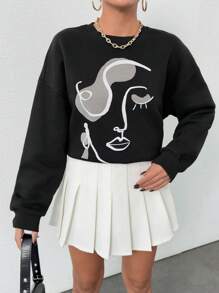 RueChic Silluette Pattern Flock Printed, Brush Back, Keep Warming Feature Crew Neck Sweatshirt - Black - View 1