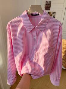Comfortcana Striped Print Drop Shoulder Shirt - Pink - View 4