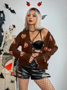 Chiquease Halloween Pumpkin V-Neck Drop Shoulder Long Sleeve Cardigan Fall Cloth For Women - Coffee Brown - View 5