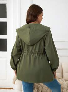 SHEIN LUNE Plus Size Women Casual Solid Color Lantern Sleeve Drawstring Waist Zipper Front Hooded Coat, Autumn Winter Green Holiday Outfit Thermal