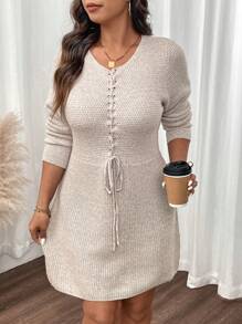 SHEIN LUNE Váy len buộc dây gợi cảm màu trơn - Màu be - Xem 5