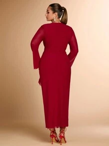 SHEIN BAE 大码女式秋季圆领长袖网眼紧身连衣裙，分层荷叶边设计适合鸡尾酒会、约会、派对、婚礼、正式活动、秋冬季 - 紅色 - 查看 2