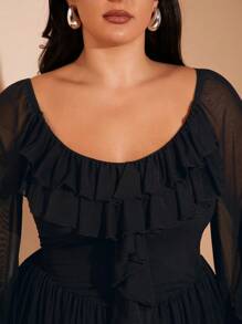 SHEIN BAE 大码女式荷叶边下摆纯黑色弹力网眼迷你连衣裙，适合甜美派对和约会之夜风格，秋冬