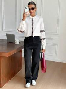SHEIN Frenchy 女士豹纹百褶领长袖衬衫 - 白色 - 查看 5