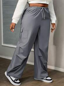 Slaydiva 大码女式纯色系腰口袋宽松阔腿长裤