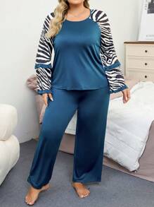 Zebra Pattern Patchwork Long Sleeve Plus Size Pajama Set