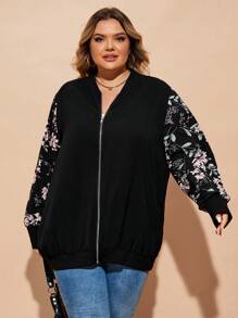SHEIN CURVE+ Curve Plus Size Flower Printed Zipper Jacket