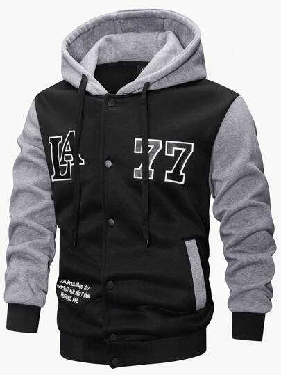 Manfinity Campus Court Chaqueta con capucha con botones y estampado de letras para hombre, de colores contrastantes, con bolsillos prácticos, suave y cálida, adecuada para otoño e invierno, chaqueta de manga larga con bloques de color para salir, regalo para amigos, esposo, novio. Sudadera con capucha con cremallera y estampado gráfico de letras para hombre, sudaderas con capucha con cremallera de diseñador para hombres, sudaderas casuales para hombres, chaquetas con capucha para hombres, sudadera 1977