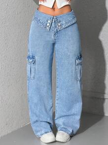 SHEIN EZwear Casual Washed Fold Waist Straight-Leg Cargo Jeans - Blue - View 6