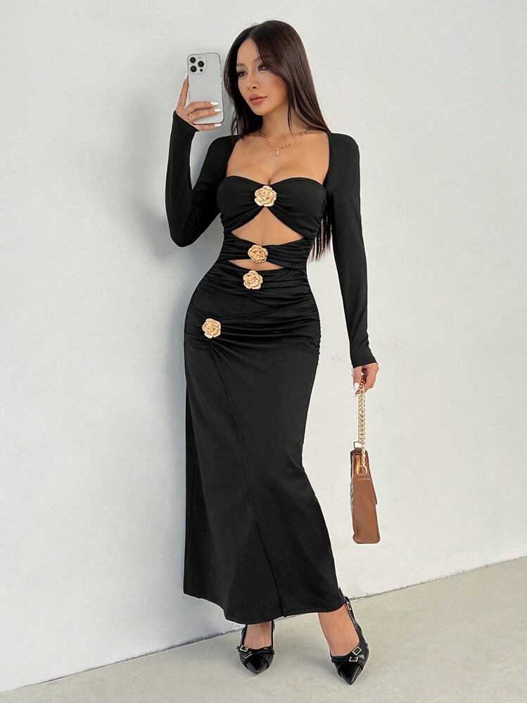 winter dresses petite women SHEIN New Autumn Sexy Hollow-Out Rose Gold Metallic Button Asymmetrical Hem Long Sleeve Dress ,Petite A bridal shower dream. matching_belt_museum_cognac Our store sells a Bust Size:48