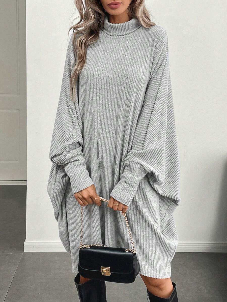 SHEIN Clasi Women Ribbed Knit Batwing Sleeve Dress - Light Grey - View 1