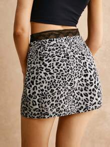 Poéselle 女式豹纹蕾丝拼布性感迷你裙，2024 秋冬，冬装 - 黑色 - 查看 2