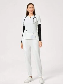 TaskEZ 1 套纯色短袖上衣和裤子 手术服套装 手术服套装 护士服 手术服上衣 手术服下衣 实验室外套 手术服外套 - 白色 - 查看 8