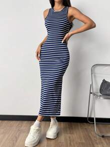 SHEIN EZwear Váy hở lưng kẻ sọc xẻ tà cho nữ Váy hở lưng - Màu xanh hải quân - Xem 4