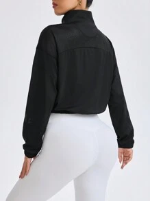 Easithlete Women Solid Color Front Zipper Long Sleeve Simple Sports Jacket, Casual Everyday Wear - Black - View 2