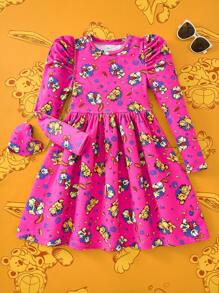 GARFIELD | SHEIN 少女卡通印花粉色公主风甜美可爱连衣裙搭配斜挎包 - 玫紅色 - 查看 1