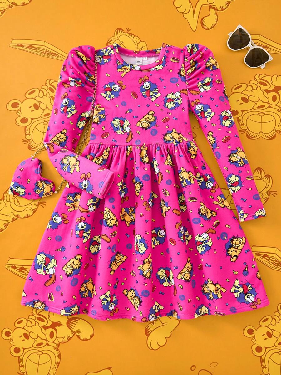 GARFIELD | SHEIN 少女卡通印花粉色公主风甜美可爱连衣裙搭配斜挎包 - 玫紅色 - 查看 1