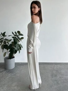 Aloruh Vestido largo de unicolor con cintura y hombro asimétrico, adecuado para vacaciones, citas y salidas, otoño/invierno