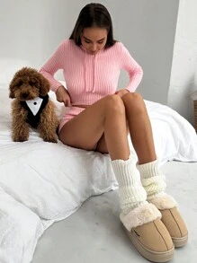 Aloruh 2pcs/Set New Pink Warm Hooded Cardigan Sweater & Shorts Set, Versatile For Indoor & Outdoor Wear - Pink - View 6