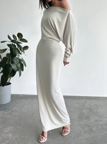 Aloruh Vestido largo de unicolor con cintura y hombro asimétrico, adecuado para vacaciones, citas y salidas, otoño/invierno