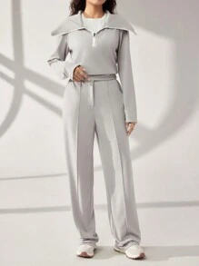 Mulvari 2 pièces Ensemble Top et pantalon de sport décontracté d'automne pour femmes avec couleurs contrastées