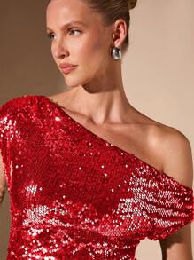 SHEIN BAE Áo dự tiệc hở vai bất đối xứng gợi cảm giản dị cho nữ, màu bạc, thu/đông - Đỏ - Xem 3