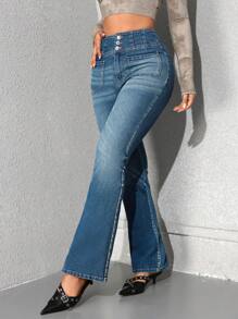SHEIN EZwear Women Button Front Flare Leg Casual Versatile Jeans - Blue - View 1