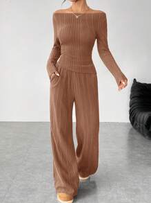 SHEIN PETITE Bộ đồ hai mảnh áo len dệt kim xẻ lỗ màu xám đậm dành cho nữ + quần ống rộng - màu nâu - Xem 6