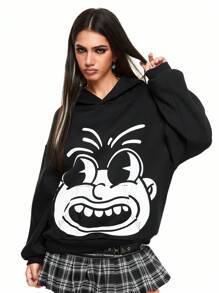 ROMWE 休闲街头趣味图案印花宽松套头连帽运动衫 - 黑色 - 查看 5