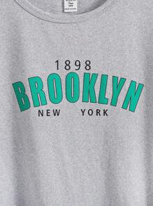 Teen Girl New Simple Letter Print Front Tee And Checkered Digital Print Pants Set, Home Outfit - Green - View 4