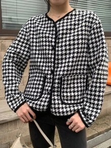 INAWLY Women's Casual Houndstooth Dual Pocket Jacket - Fall Season - Black and White - View 4