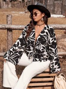SHEIN VCAY Plus Size Winter For Women Thanksgiving Going Out Top Western Homecoming Western Woman Attire Raves Flapper Top Festival Rave - Black and White - View 7