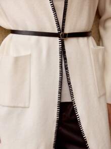 MOTF CONTRAST STITCH DROP SHOULDER OVERSIZE PATCH POCKET LONG CARDIGAN WITH BUCKLE BELT - Apricot - View 3