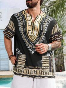 Manfinity RSRT Plus Size Men's Geometric Print Notched V-Neck Short Sleeve Vacation Shirt