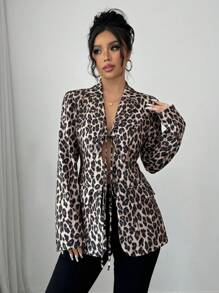 Elenzga 1 件女式豹纹前系带长袖西装外套，休闲日常穿着 - 彩色 - 查看 4