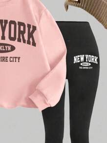 SHEIN Leap Crew 2 件套 Tween 女童休闲长袖厚运动衫和裤子套装，舒适秋冬季 - 粉色 - 查看 4