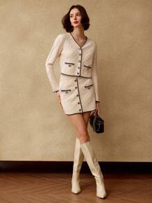 MOTF PREMIUM CONTRAST PIPING V-NECK SINGLE BREASTED PLACKET CARDIGAN - Black and White - View 4