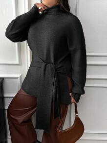 EURMUSE Plus Turtle-Neck Tie-Up Detailed Sweater With Rib Knit Detailed - Black - View 1