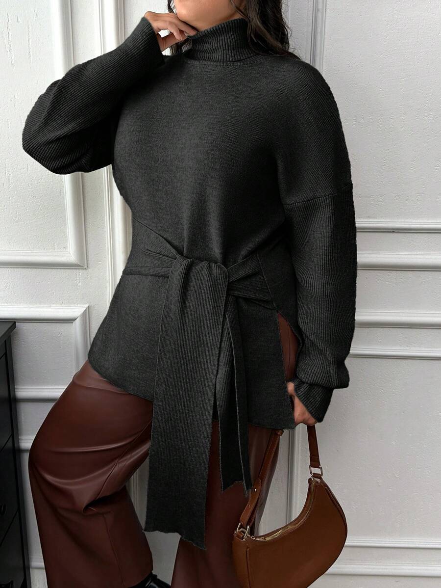 EURMUSE Plus Turtle-Neck Tie-Up Detailed Sweater With Rib Knit Detailed - Black - View 1