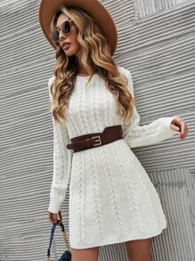 SHEIN LUNE Women's Solid Color Round Neck Long Sleeve Minimalist Short Knitted Casual Dress - White - View 3